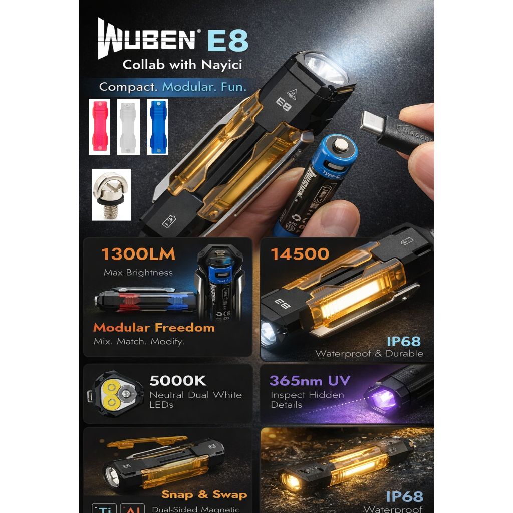ไฟฉายWuben E8 1300lm AA1 ก้อนที่น่าใช้งานที่สุด!!!  โคมข้าง + UV 2W 365nm แท้ประกัน 1  ปี  มีของพร้อ