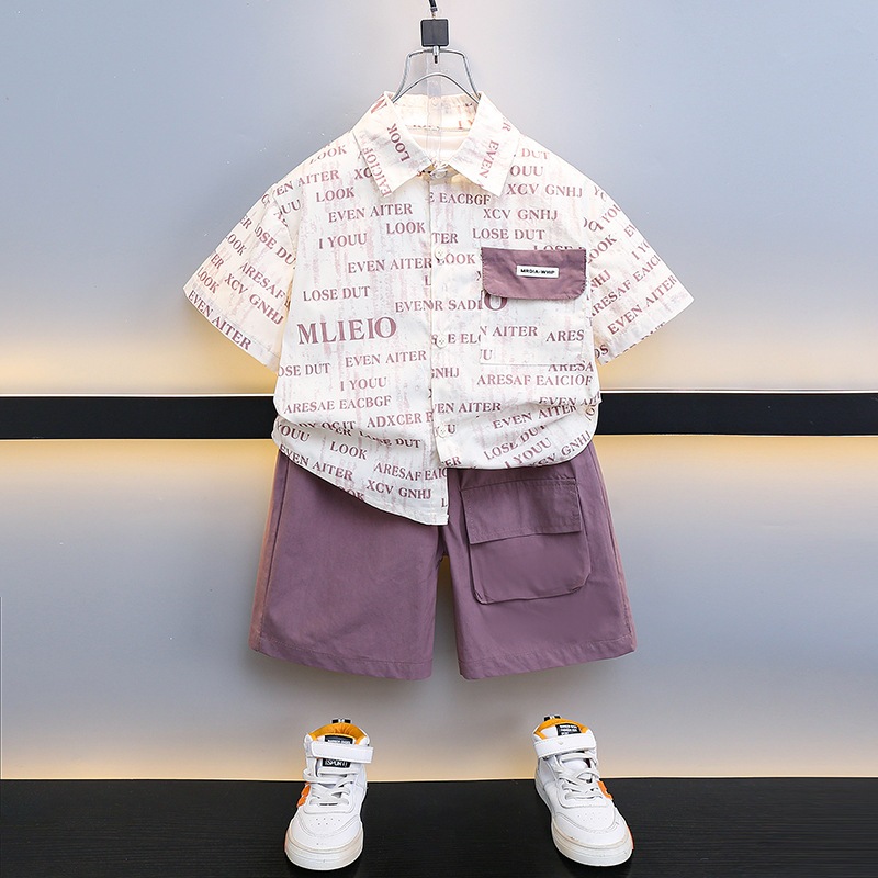 ชุดเด็กผู้ชาย 6เดือน-5ปี เสื้อเชิ้ตพิมพ์ตัวอักษร กางเกงสีม่วง ผ้าคอตตอน ใส่สบาย