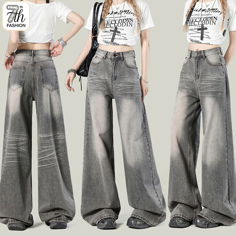S-5XL【Vintage Classic】ไซส์ใหญ่ กางเกงยีนส์ผู้หญิงทรงตรงสีเทา - ใส่สบาย ใส่ได้ทุกวัน มีครบทุกขนาด