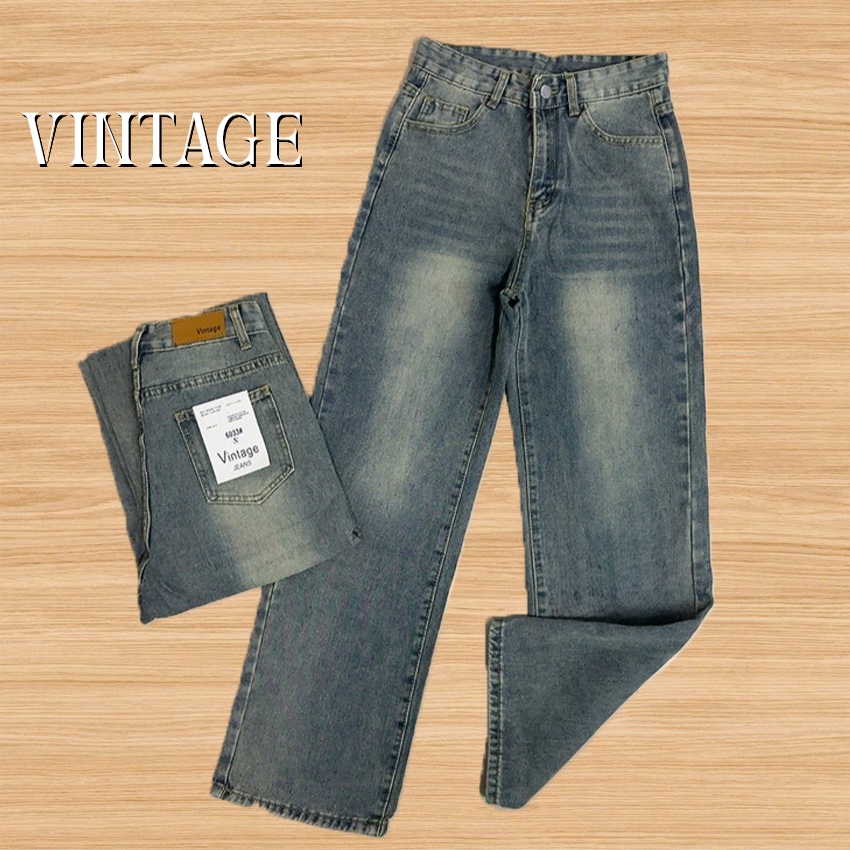 Vintage รุ่น #6033 กางเกงยีนส์ ทรงกระบอก แต่งเฟดขา ทรงสวยผ้าไม่ยืด