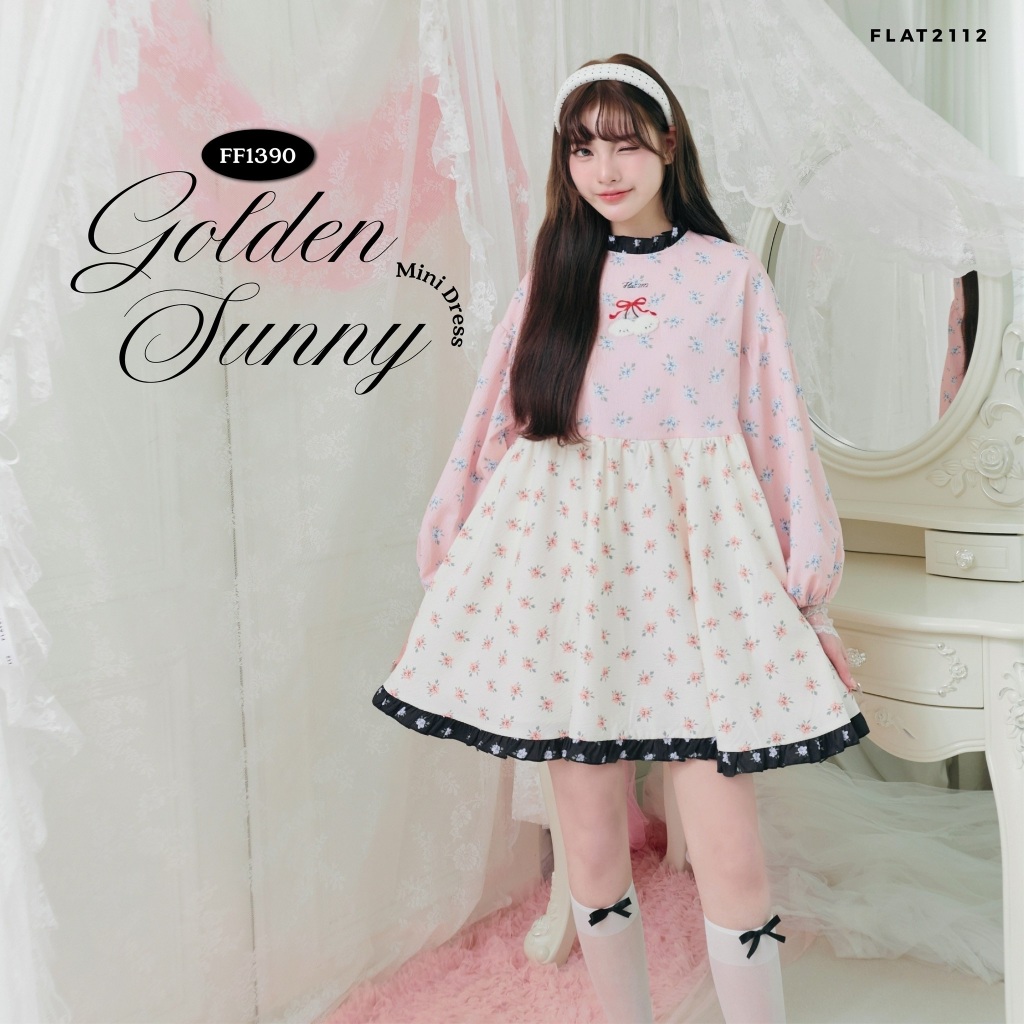 FLAT2112 : GOLDEN SUNNY  MINI DRESS เดรสสั้นชมพูลายดอกไม้เล็ก เดรสใส่ไปคาเฟ่หวานๆ เดรสผู้หญิงลุคคุณหนู (FF1390)