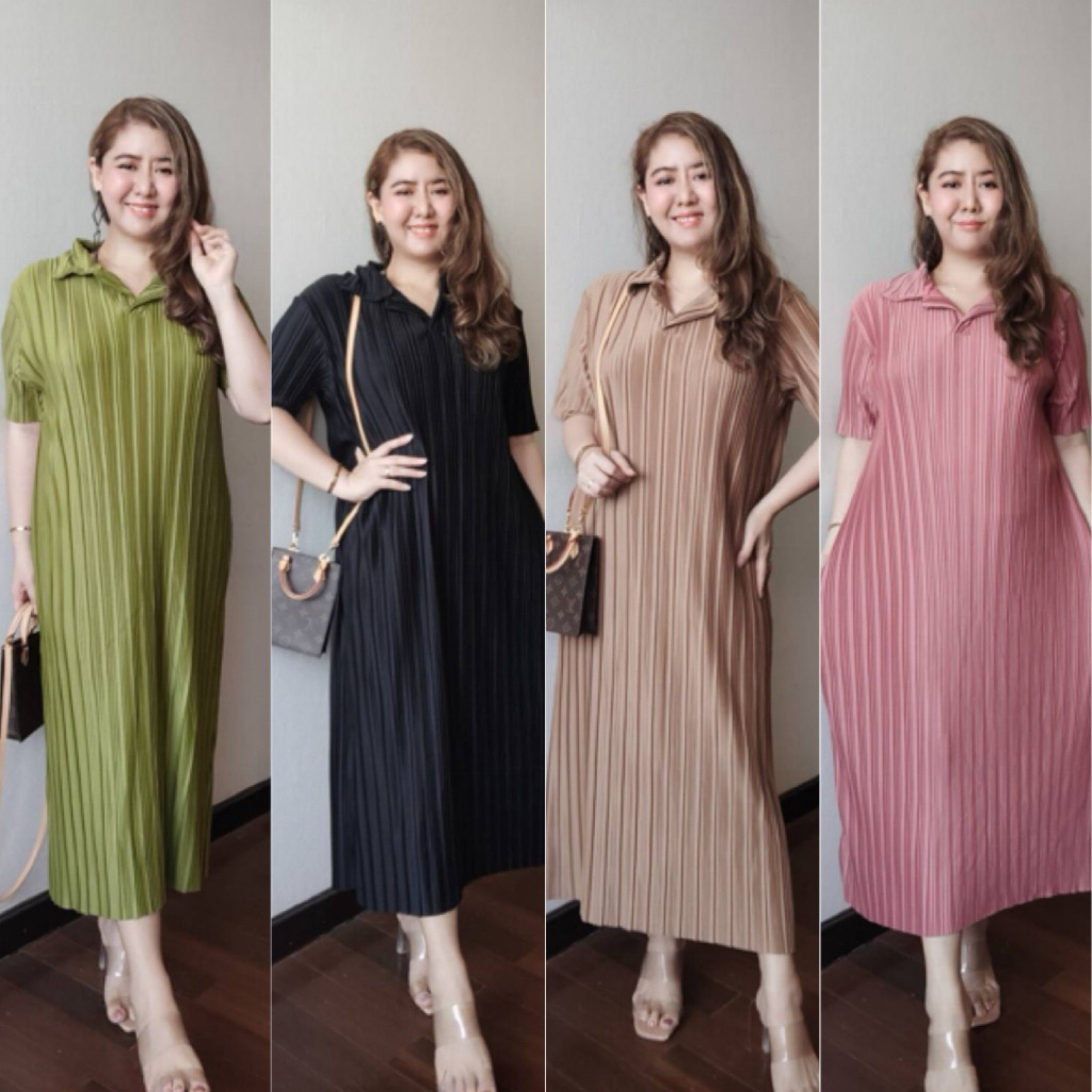 PoLo Dress P57 ชุดเดรสยาวคอปกผ้าอัดพลีทลายดอกไม้ทรงสวยสีสดใสตรงปก ยืดFreesize สาวอวบใส่สวยคลุมท้องได้ตัดชายได้ไม่เสียทรง