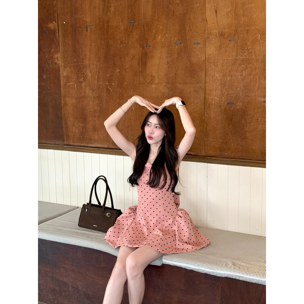 PICHA_BRAND : NEW STARRY DOTS MINIDRESS ชุดเดรส เดรสสั้น ลายจุด ชุดมินิเดรสโบว์หลัง