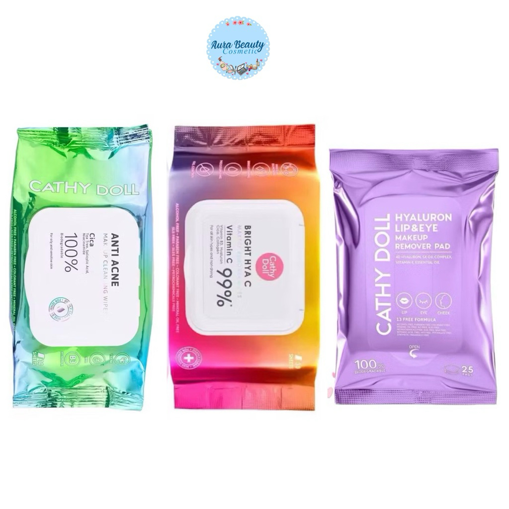 Cathy Doll Cleansing Wipes แผ่นเช็ดเครื่องสำอาง 3 สูตร Anti Acne / Bright Hya C / Lip & Eye Remover พกพาง่าย