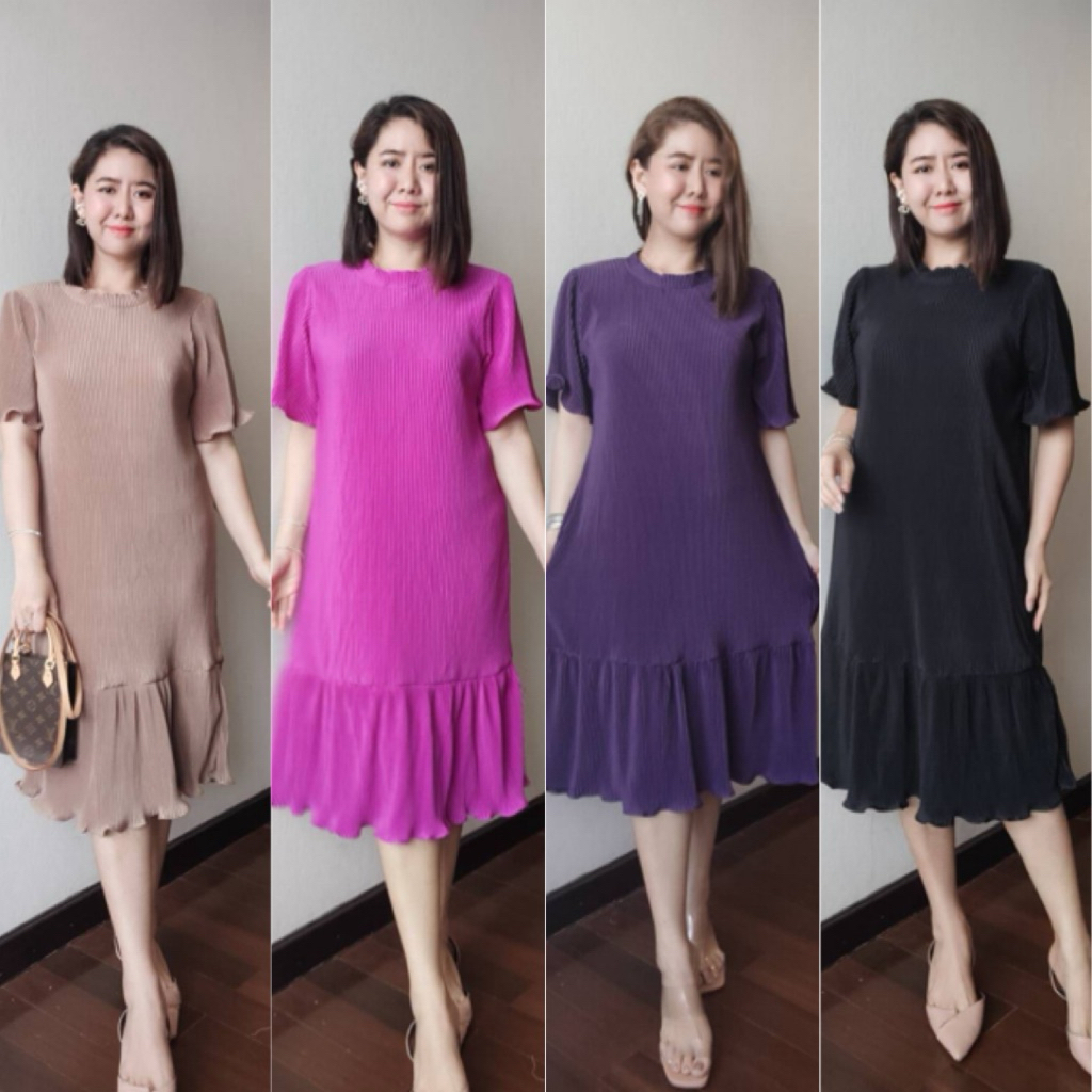 แฟชั่นชุดพลีทสีพื้น pleated dress  ชุดพลีส เดรสยืด ชุดใส่ทำงาน แฟชั่นสาวอวบชุด เดรสสั้นระบายชาย b161