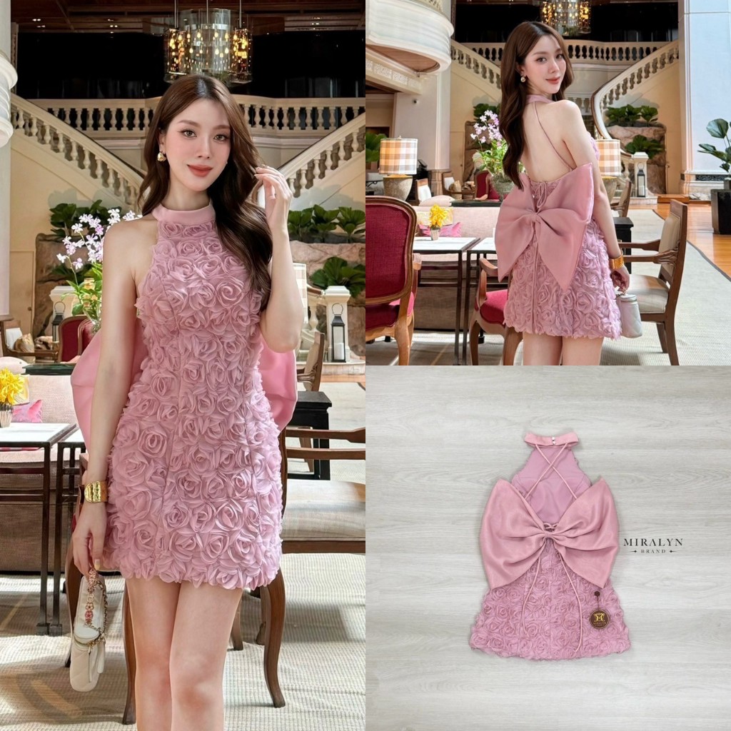 Size S MRL02 เดรสสั้นผ้าดอกไม้3D สีชมพูทรงแขนกุดคล้องคอมีกระดุมงานโชว์หลัง Miralyn
