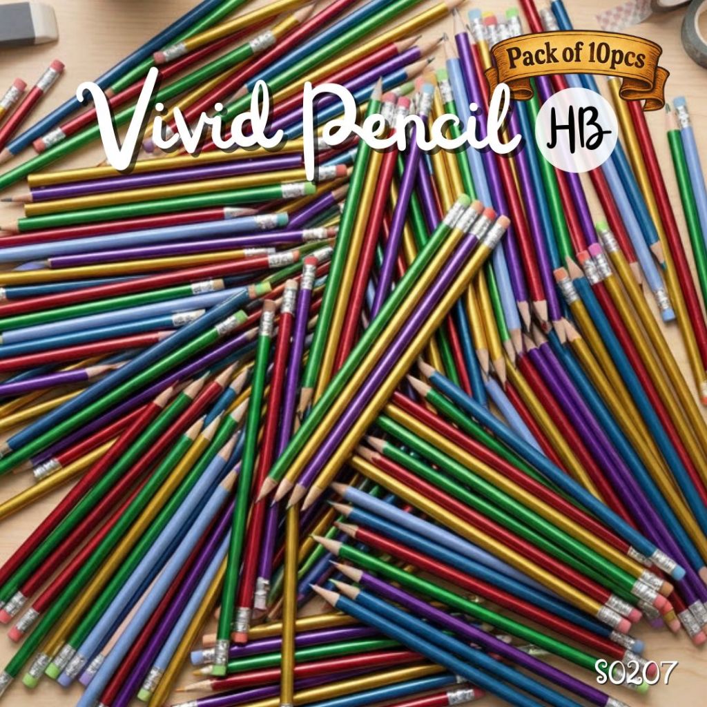 S0207 ดินสอไม้ HB แพ็ค10ด้าม Vivid & Pastel ด้ามสีสดใส ดินสอดำ มียางลบ เครื่องเขียน