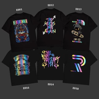 (ผ้าฝ้าย 100%)Luvoro ลายสะท้อนแสง เนื้อผ้านุ่มระบายแขนสั้น T-shirt สีดำและสีขาว เสื้อยืดทูโทน เสื้อยืดแขนสั้น E016
