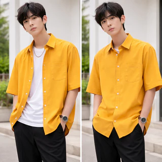 เสื้อเชิ้ตแขนสั้นผู้ชาย Oversize ใส่คลุมได้ เสื้อเชิ้ตเกาหลี ดำ/กรม/เทา/แดง/ขาว/ส้ม/เหลือง ใส่สบาย