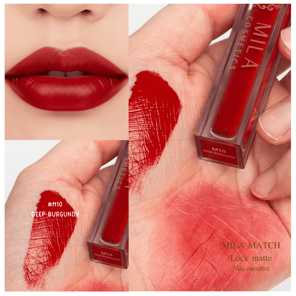ใหม่ล่าสุด! ลิปแมท MILA MATCHLOCK MATTE ลิปสติกเนื้อแมท สีแดงเบอร์กันดี M10 สีแน่น คมชัด ติดทนนาน 24 ชั่วโมง เนื้อบางเบา