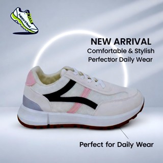 รองเท้าผ้าใบผู้หญิง สีครีม-กรมท่า ลายสายชมพู สไตล์เกาหลี พื้…