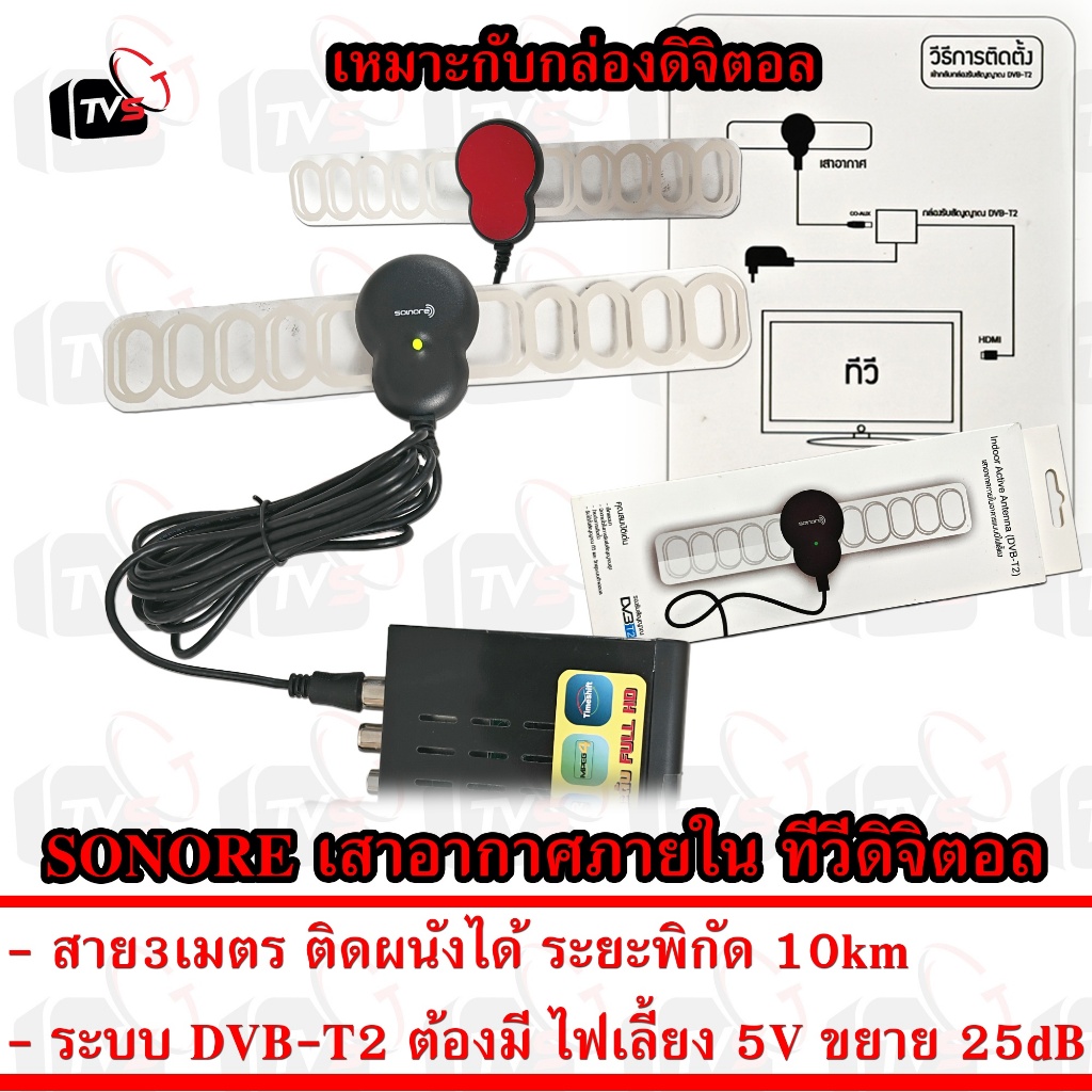 SONORE เสาอากาศ ทีวีดิจิตอล DVB-T2 แบบต้องมี ไฟเลี้ยง 25dB Indoor Active สาย3เมตร ติดผนังได้ ระยะพิกัด 10km