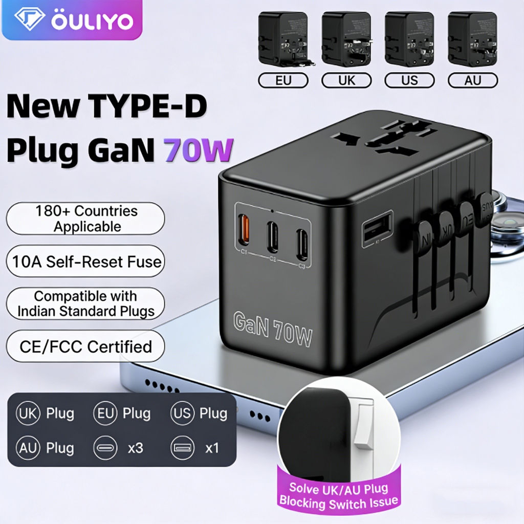 QULIYO 70W หัวแปลงปลั๊กไฟ 70W Universal Travel Adapter มาพร้อม ช่อง USB-C และ USB-A