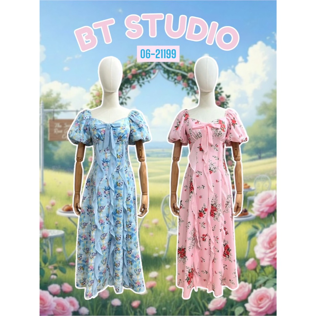 BT 06-21199 เดรสยาวแม๊กซี่เดรส ตรงกลางผูกโบว์ อกเสริมฟองน้ำ ใส่เที่ยว คาเฟ่ ทะเล