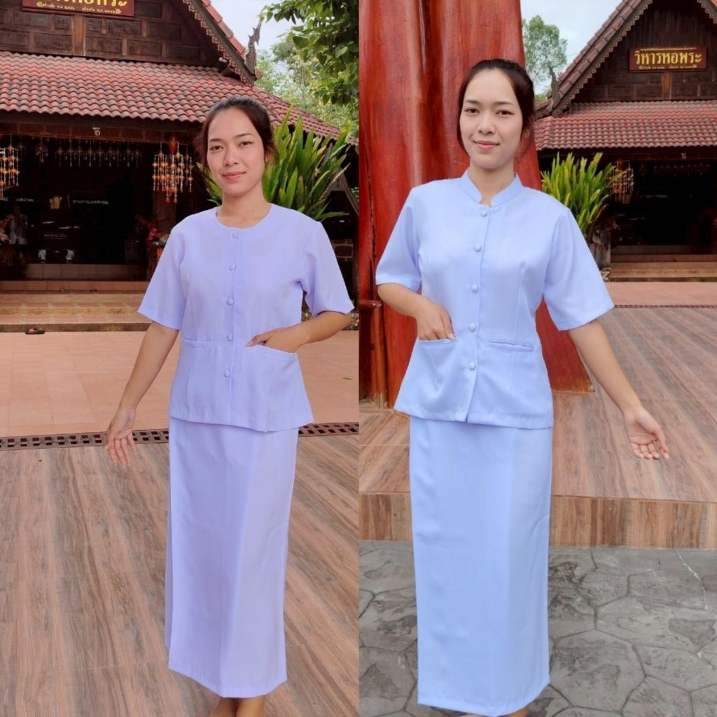 ชุด​ขาวแขนสั้น คอจีน คอกลม ผ้าโซล่อน