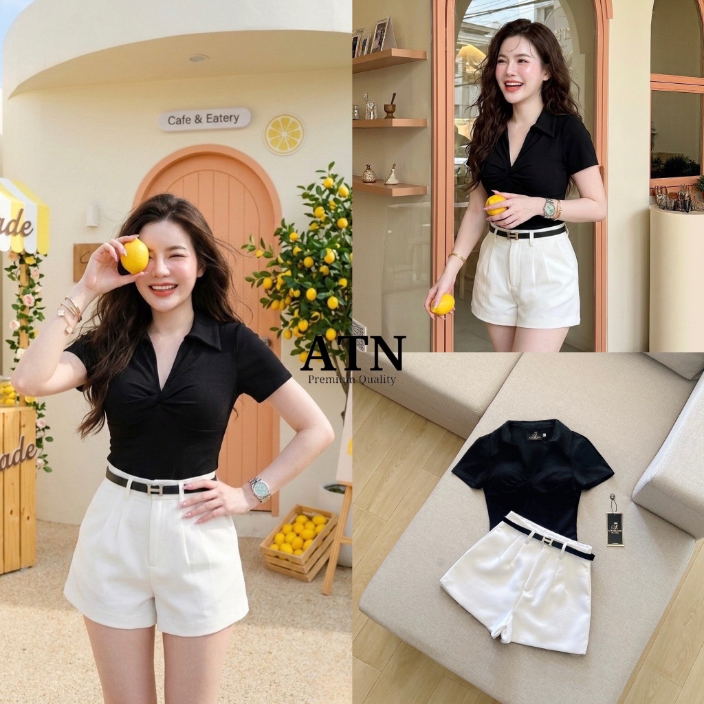 ATN Setเสื้อแขนสั้นคอปกคอวีเซ็กซี่เบาๆ