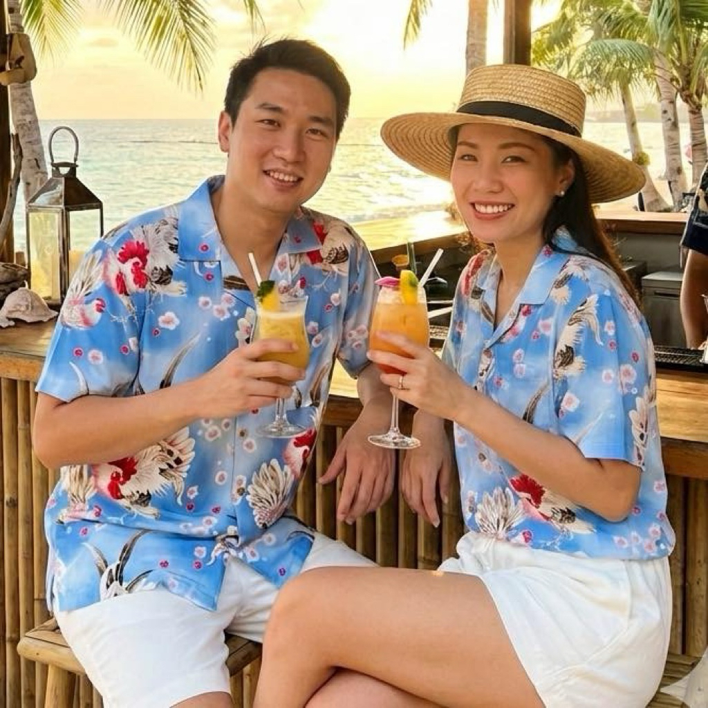 ROAMING HR18 เสื้อฮาวาย ผ้าเรยอนญี่ปุ่น เสื้อครอบครัว Rayon Hawaiian Shirts (ไก่ซากุระ)