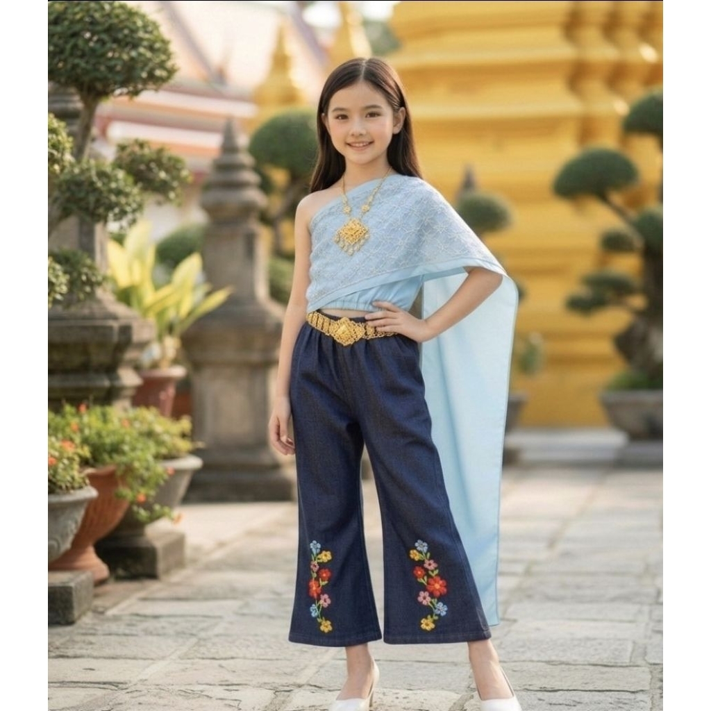 พร้อมส่ง✅ชุดไทยเด็กผู้หญิง BangkokCity สไบ2ชั้น+กางเกงขาม้า(ยีนส์)  สไบสำเร็จรูป เด็ก 1-8 ปี งานตรงปก