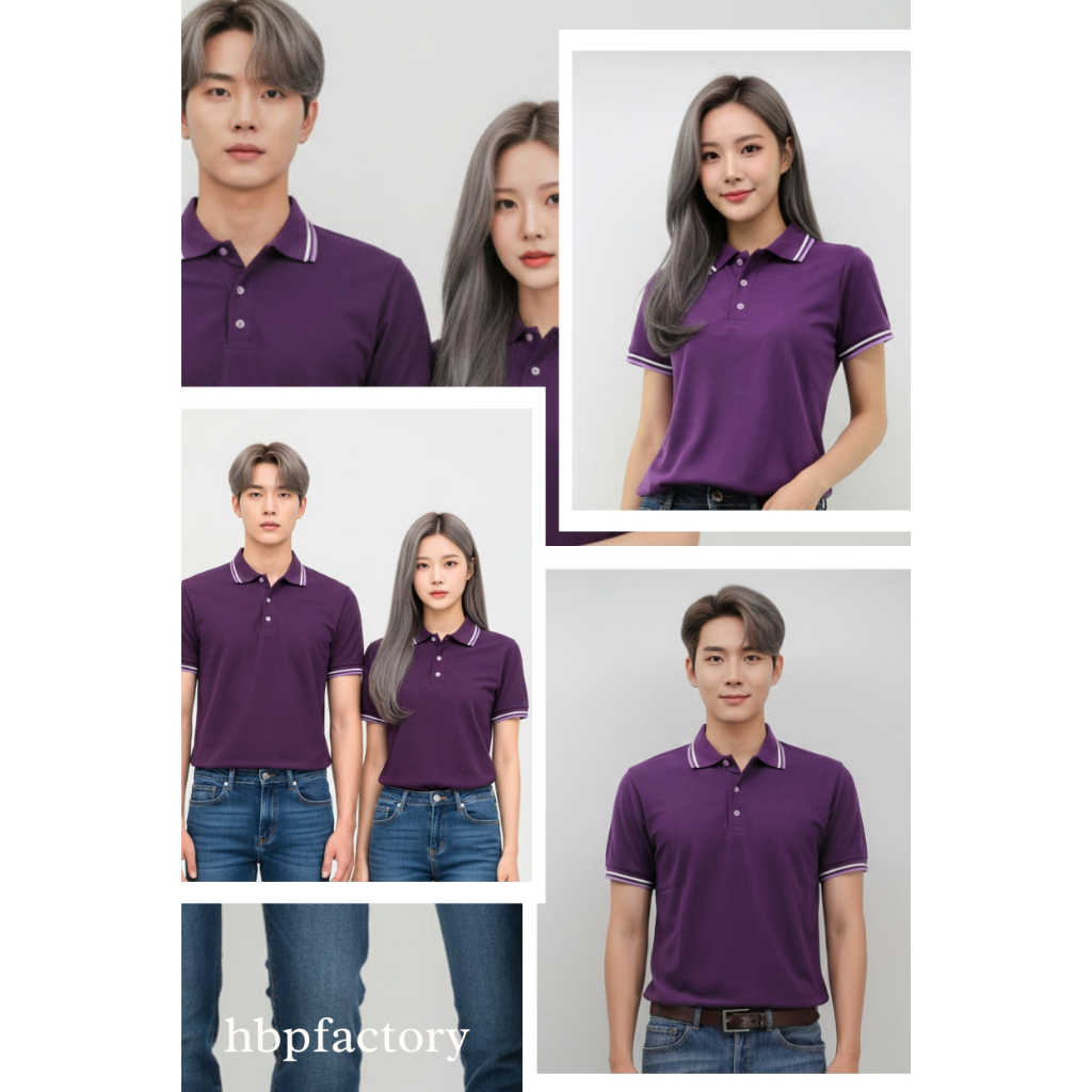 เสื้อโปโลสีม่วงเข้มขลิบม่วงอ่อน ขาว แขนจั้ม เนื้อผ้า TK