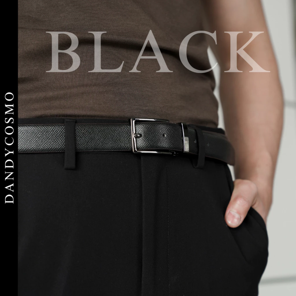 DANDY COSMO | เข็มขัดผู้ชาย หนังแท้ PREMIUM MEN'S BELT ใส่ได้2สีในเส้นเดียว รุ่น RECTANGULAR สี BLACK METAL 30mm