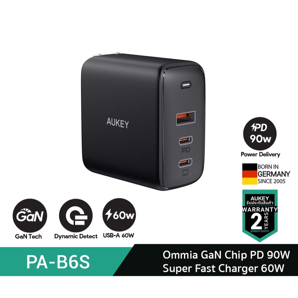 AUKEY หัวชาร์จเร็ว Omnia 90W 3-Port For MacBook Pro Charger with GaNFast TechnologyWall Charger รุ่น