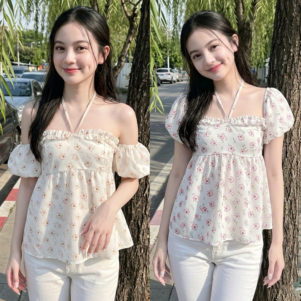 🌷เสื้อแขนตุ๊กตา ปาดไหล่ ขึ้นไหล่ได้ ใส่เกาะอก หรือคล้องคอ / Q2-4// PROD-แขนต่อ