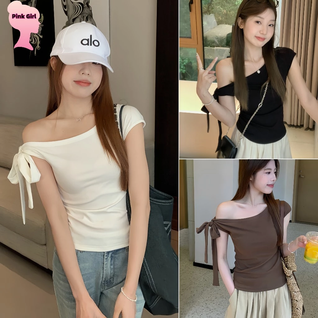 💋Pink girl💋Mar เสื้อยืดแขนกุด มีฟองน้ำ เสื้อแขนสั้นไหล่เปิด ดีเทลผูกโบว์ สีพื้น ใส่สบาย ใช้คู่ได้ทุกชุด' FY5179