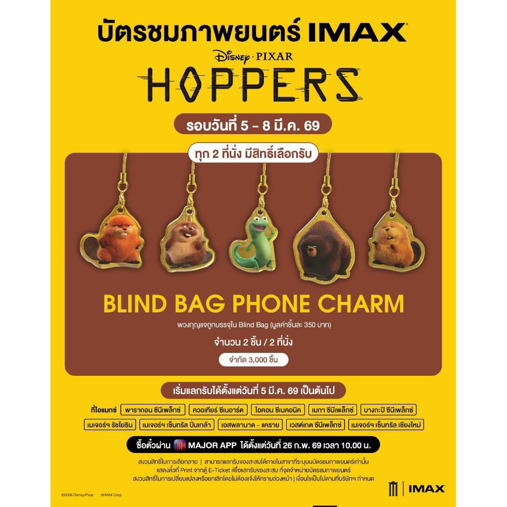 พวงกุญแจ Hoppers เด้งโดด เปลี่ยนเป็นโหมดบีเวอร์ Major Cineplex ซองสุ่ม Hoppers 2026 Disney Pixar Blind Bag Phone Charm