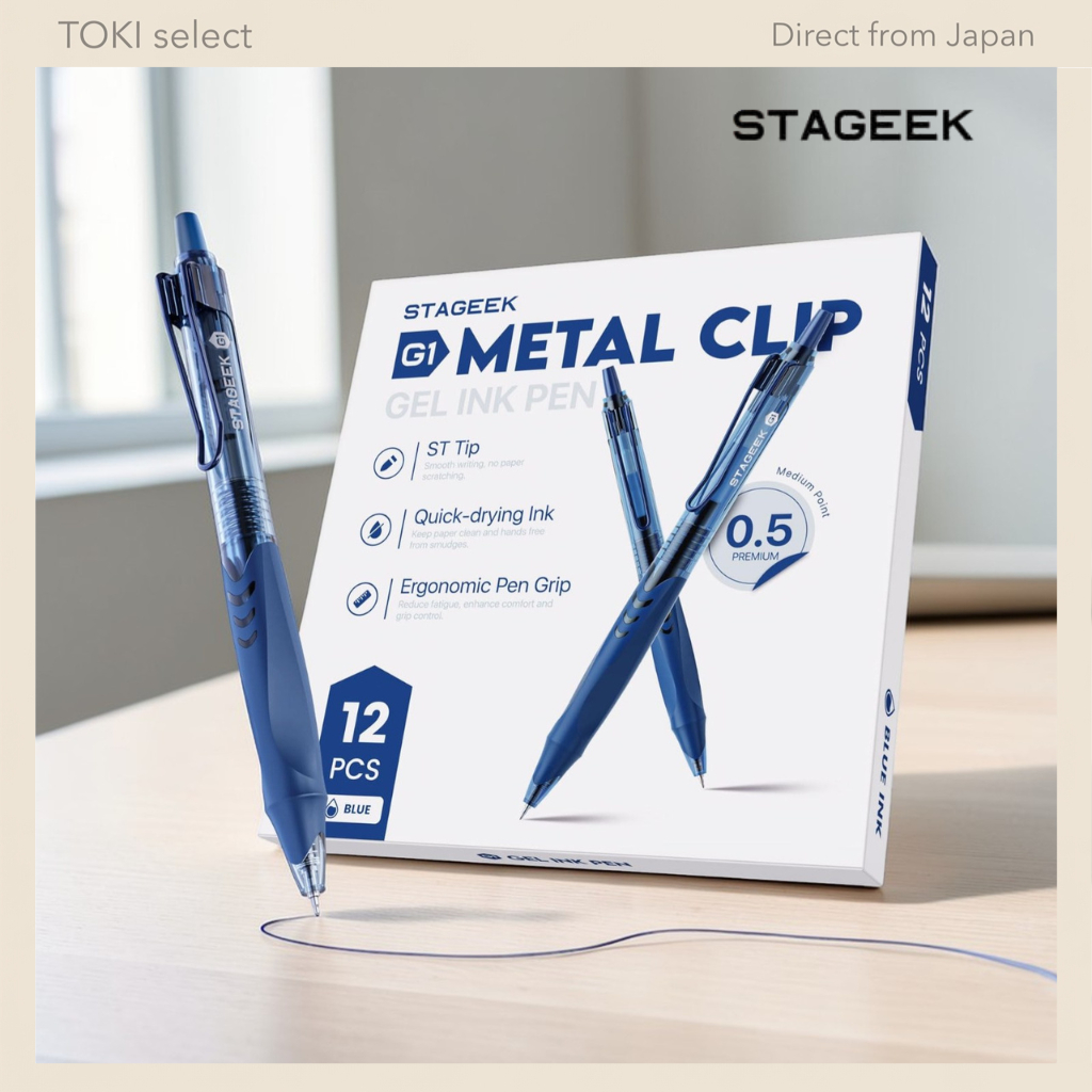 STAGEEK Gel Ink Ballpoint Pen Set - 12 Pack, Fast-Drying Ink, Metal Clip, Soft Grip, Perfect for Off