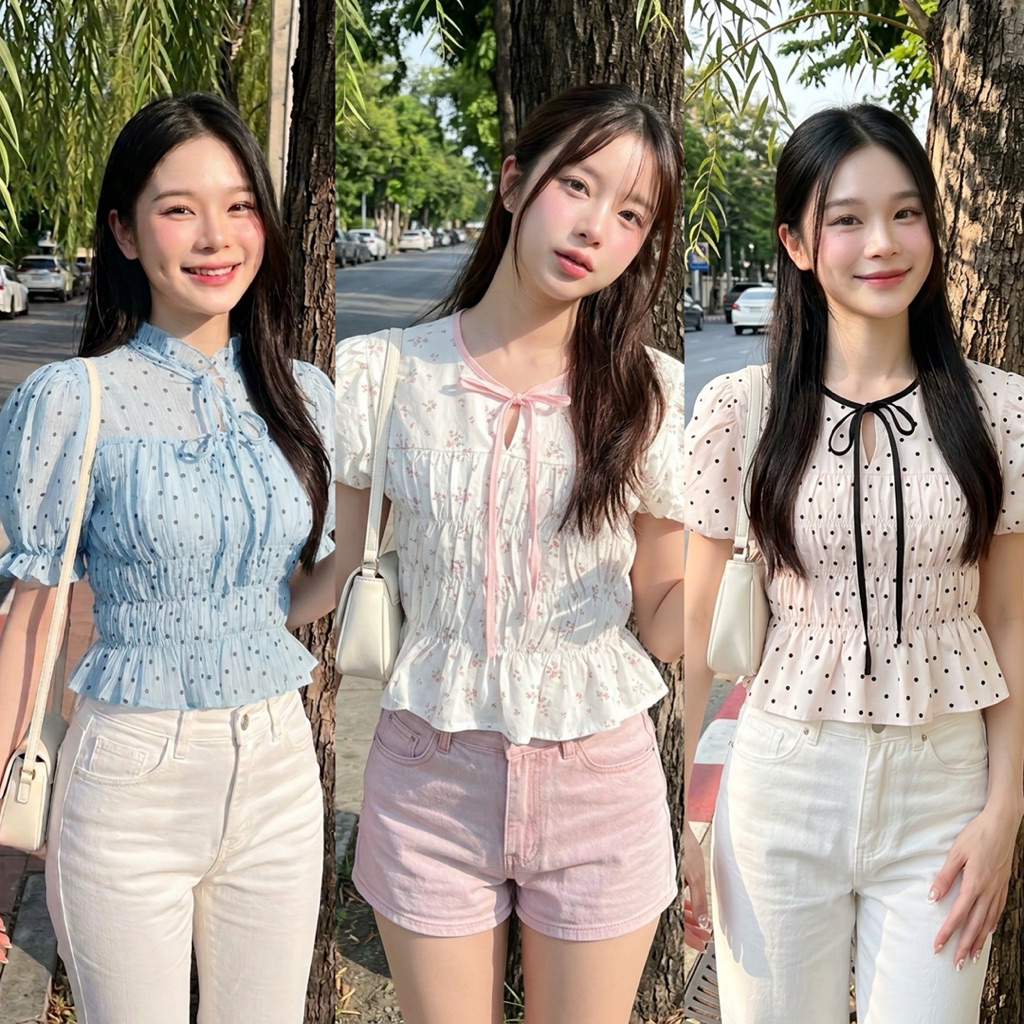 Mamildya.shop เสื้อแขนตุ๊กตาริ้วฟ้าด้ายแดง จั้มยางเอว3 ชั้น ผ้าคอตตอนลินินริ้วสีฟ้า/ T1-1/TOT-ด้ายแดง