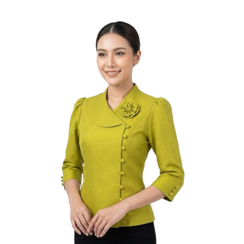 เสื้อไหมหม่อนลาว กระดุมหน้า แขน3ส่วน อก34-50นิ้ว เสื้อไหมอัดกาว เสื้อผ้าไหมใส่ออกงาน รหัส ปต