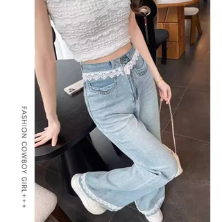 S~5XL Flared wide-leg jeans กางเกงยีนส์ขายาวทรงบานแต่งขอบลูกไม้สุดอินเทรนด์ สไตล์ใหม่ปี 2026 เอวสูง ทรงหลวม ขากางเกงตรง
