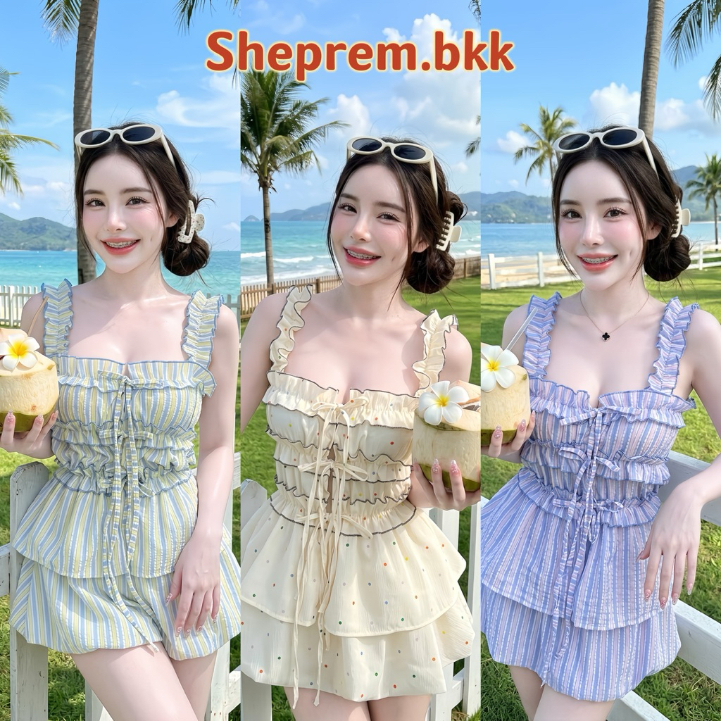 Sheprem ชุดเซต2ชิ้น รุ่นเรนโบว์สีรุ้งสุดน่ารัก เสื้อผูกโบว์หน้า + กระโปรงบอลลูน ผ้านิ่ม ผ้าฟู ใส่ไปคาเฟ่ ทะเล สุด