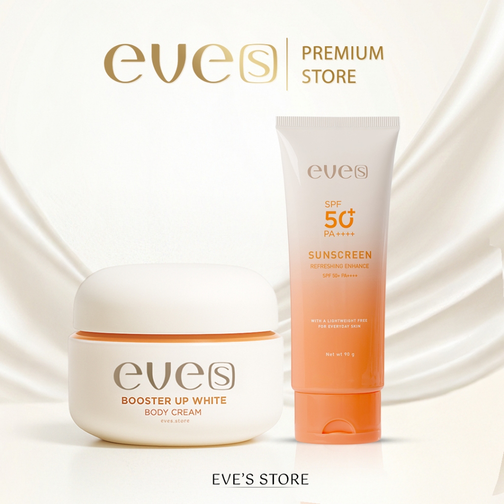 EVES อีฟส์ เซตคู่ผิวกาย บูสเตอร์ส้ม+โลชั่นกันแดด ปกป้องผิวจากแสงแดด ปรับผิวขาวกระจ่างใส ตัวหอม เนื้อครีมไม่เหนียวเหนอะ