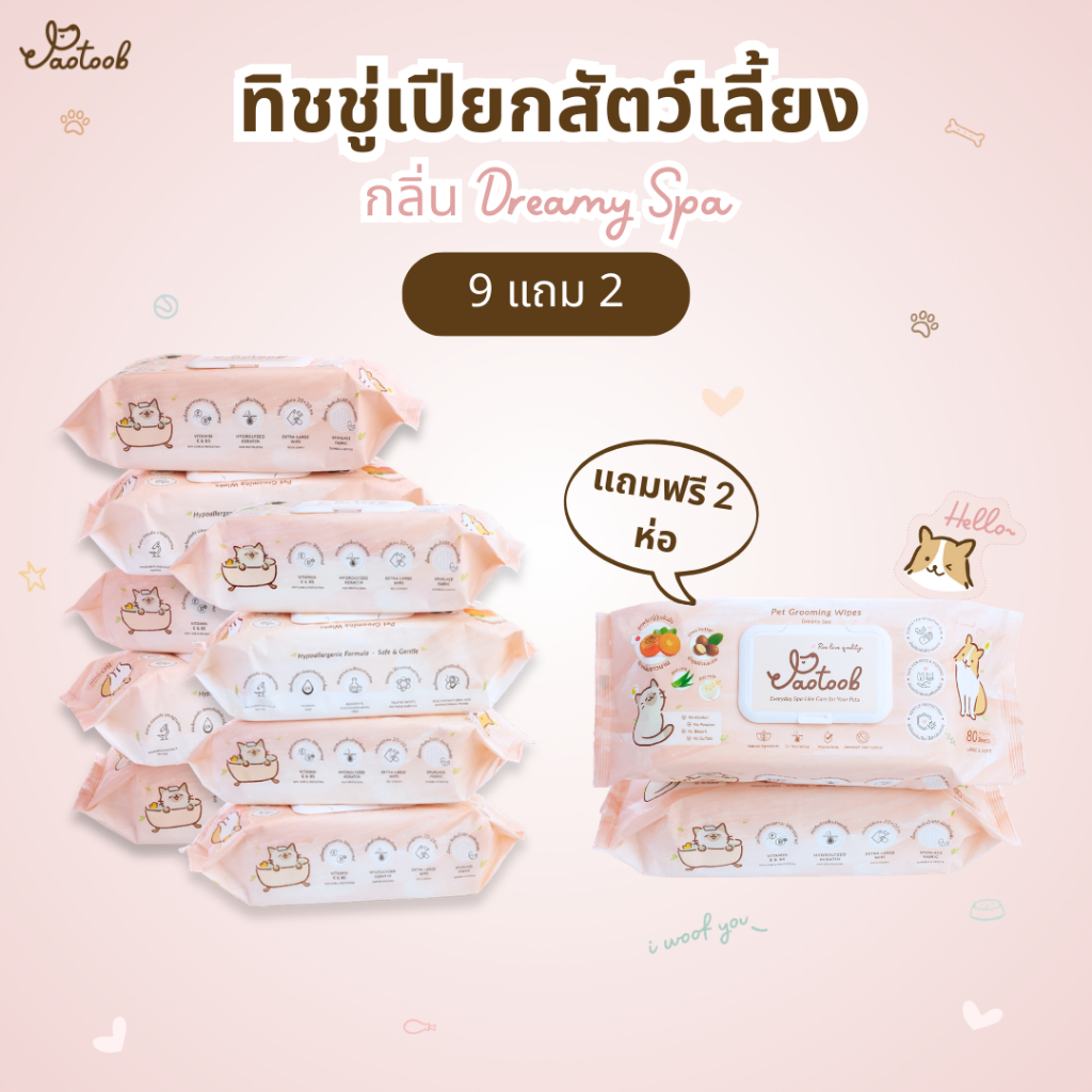[9 แถม 2] Jaotoob ทิชชู่เปียกสัตว์เลี้ยง สูตรสปาอ่อนโยน กลิ่น Dreamy Spa | 80 แผ่น หนานุ่ม ขนาดใหญ่