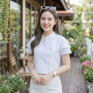 เสื้อพื้นเมืองผู้หญิงคอจีน ผูกโบว์ แขนสองชั้น