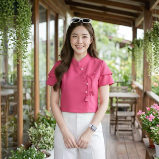 เสื้อพื้นเมืองผู้หญิงคอจีน ผูกโบว์ แขนสองชั้น