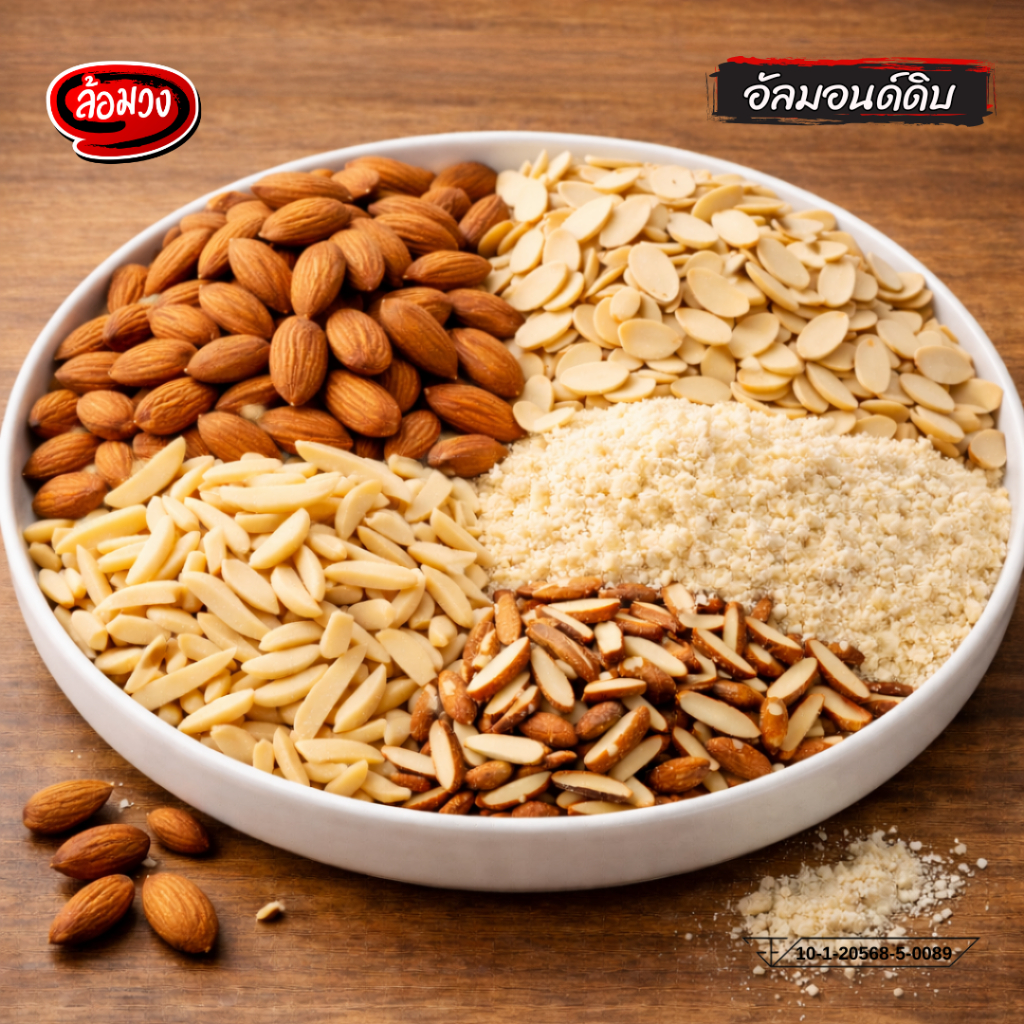 อัลมอนด์ดิบ by ล้อมวง เม็ดเต็ม, สไลด์, ลอกเปลือก, แป้ง, ผง, แท่ง (Raw almond) อัลมอนด์