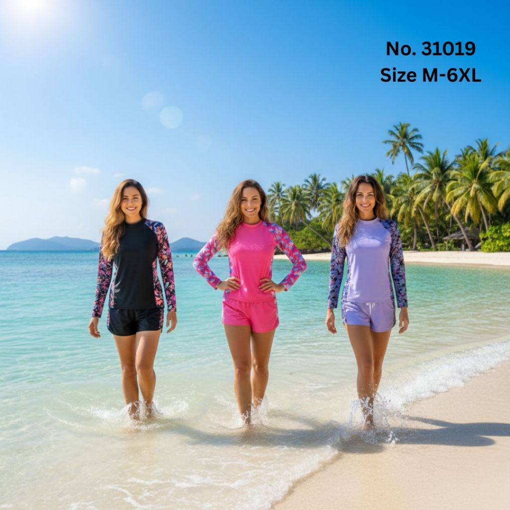 31019 ชุดว่ายน้ำผู้หญิงเสื้อแขนยาวกางเกงขาสั้น กางเกง2ชั้น  กางเกงมีกระเป๋าด้านข้าง กันUV