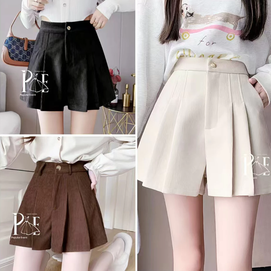 พร้อมส่ง กางเกงขาสั้นเอวสูง ผ้าลูกฟูก เอวสม็อค สไตล์เกาหลี ใส่สบาย Clothing เสื้อผ้า