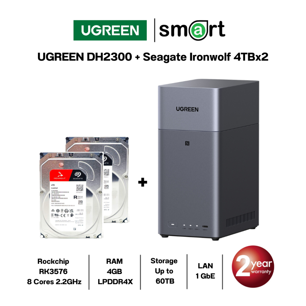UGREEN NASync DH2300 2-Bay NAS + 2 x Seagate Ironwolf 4TB