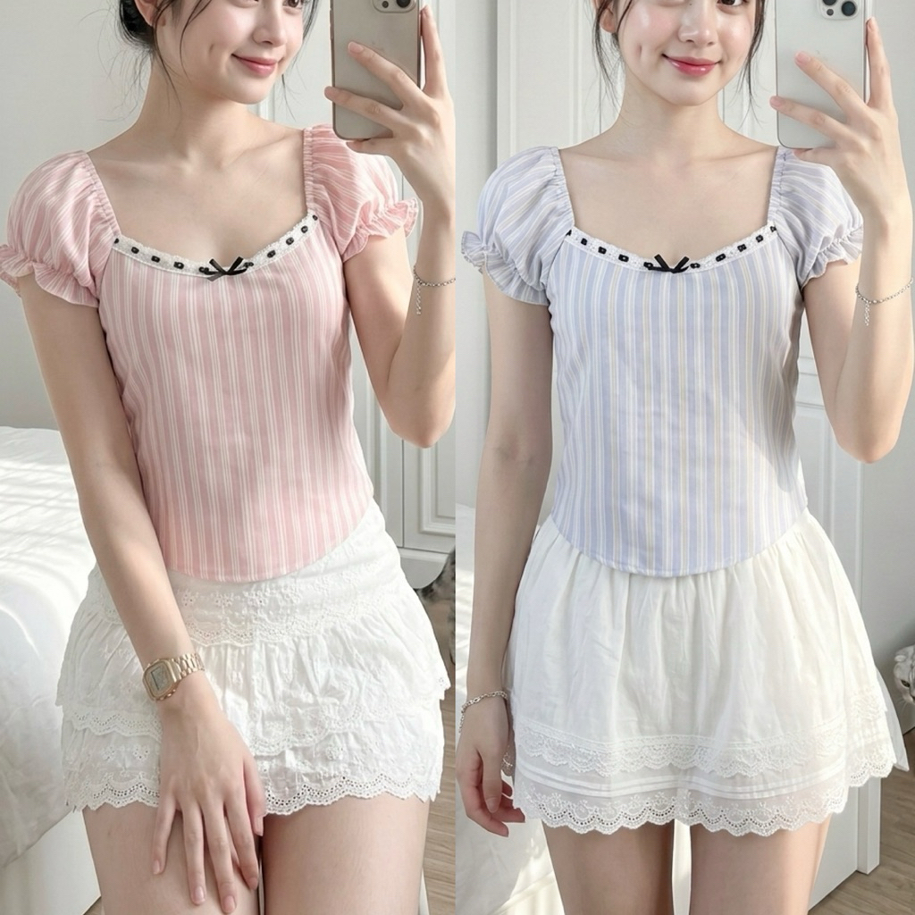 อกมีซับ🌟Mamildya.shop🌟เสื้อแขนตุ๊กตาชายโค้ง แต่งลูกไม้และโบว์ / T1-4/TOT-ฮาทโบว์
