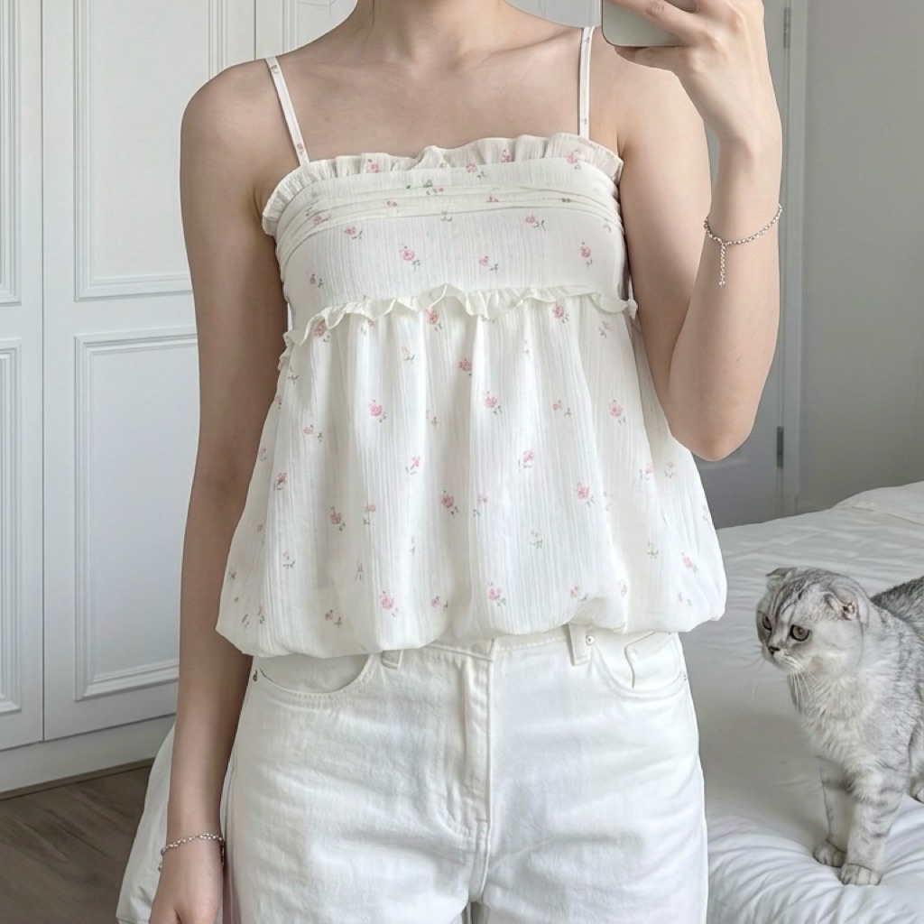 สายปรับได้🌟Mamildya.shop🌟 เสื้อสายเดี่ยวบอลลูน ทรงยอดฮิต เนื้อผ้าลายไม้/T1-4 /TOT-พับลูน