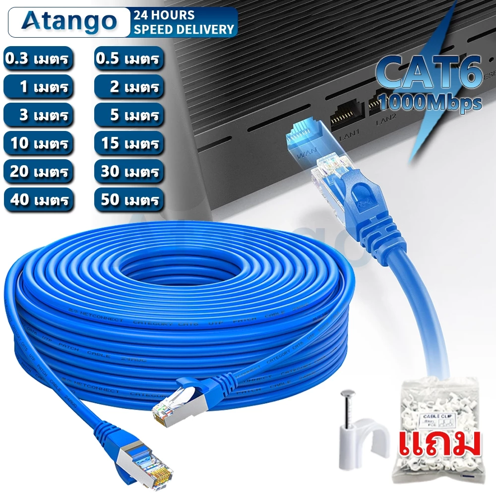 สายแลน CAT6 สีฟ้า RJ45 Gigabit 1000Mbps วิ่งเต็มสเปก ความยาว 0.3-50เมตร สำหรับคอมพิวเตอร์ แล็ปท็อป เราเตอร์