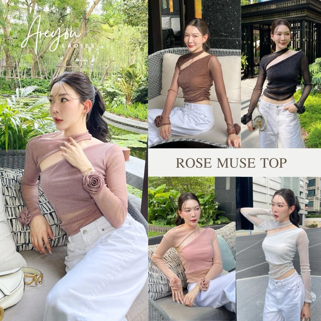 NO.617 Rose muse Top เสื้อแขนยาวผ้ากากเพชรดีไซน์แยกชิ้นแต่งดอกคามิเลีย