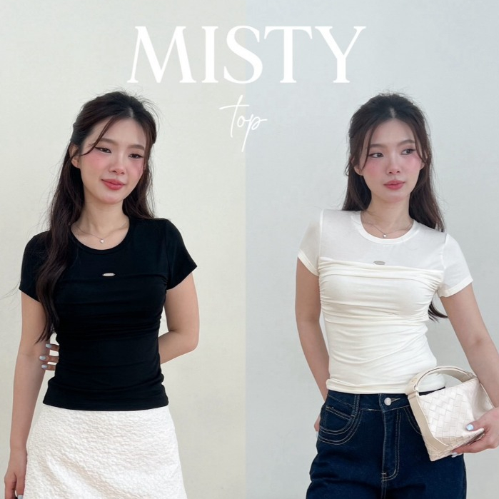SHOP.POPO- Misty top เสื้อยืดแขนสั้นซีทรูช่วงบนดีเทลอะไหล่โลโก้