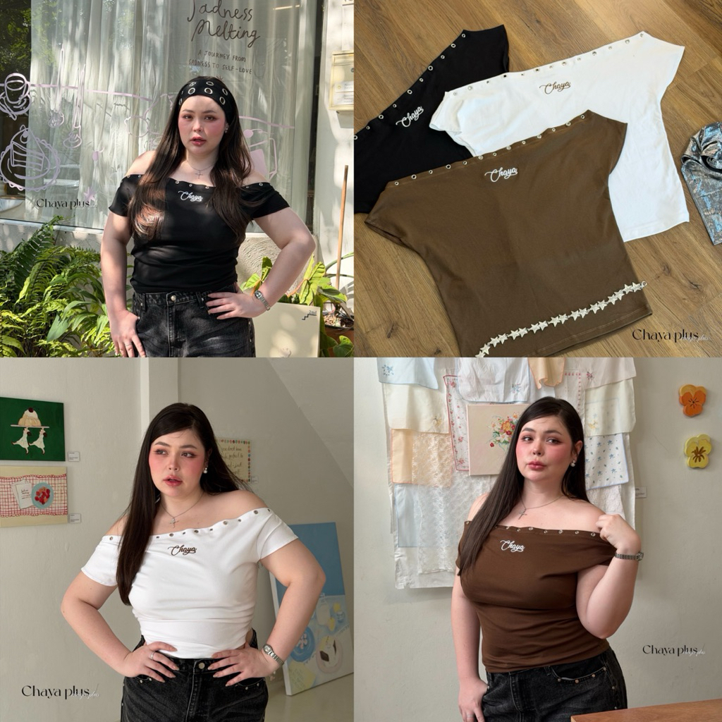 Chaya plus เสื้อแขนสั้นงานปาดไหล่แต่งตอกตาไก่ดีเทลปักอก เนื้อผ้ายูนิโคล่