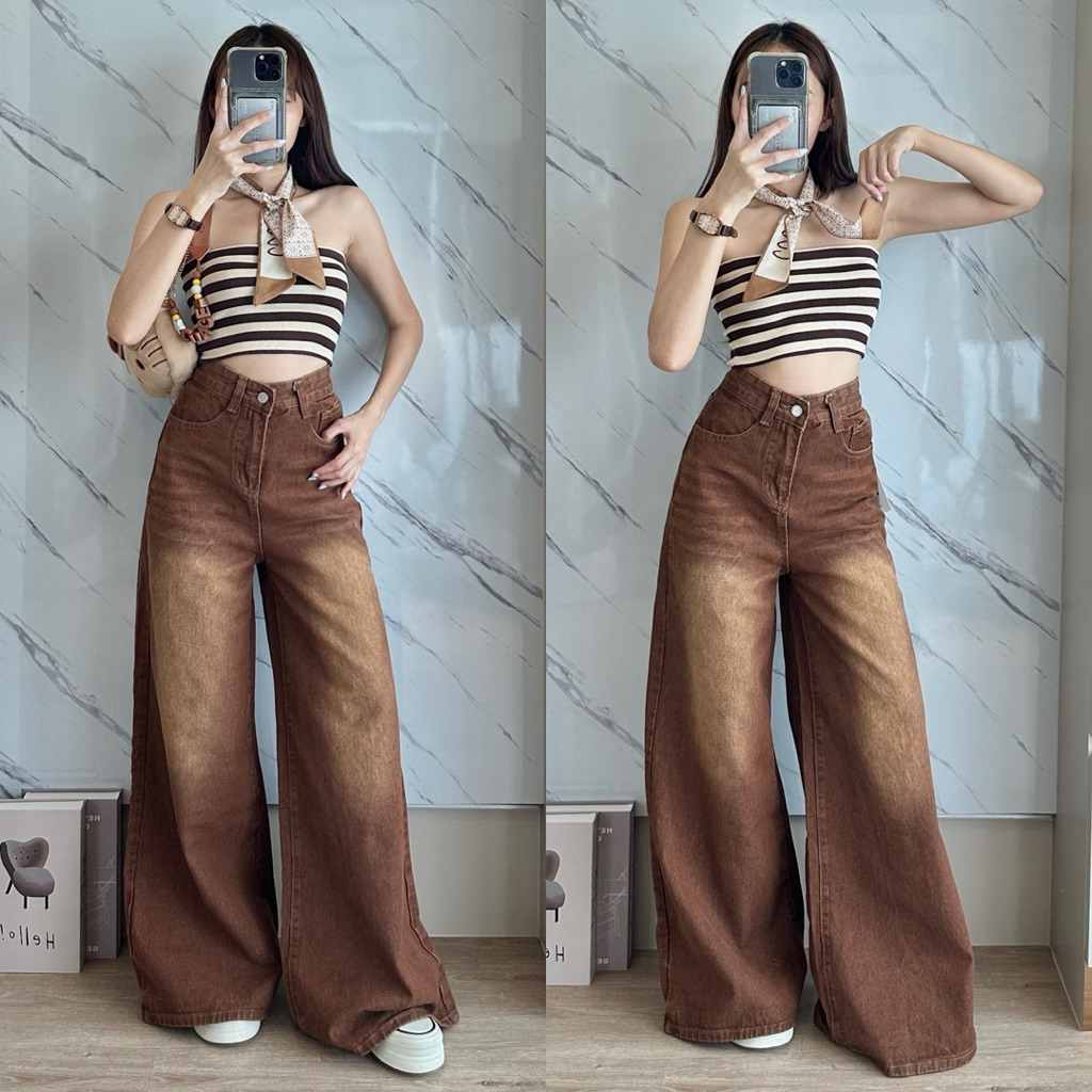 CHANA - Baggy Jeans สีน้ำตาล ( XXS-5XL ) 3560 ดีไซน์ขาบาน กางเกงยีนส์ผ้าไม่ยืด