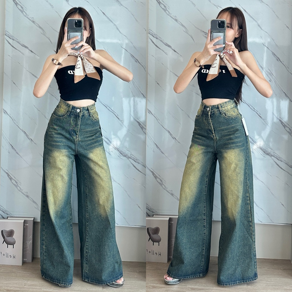 CHANA - Baggy Rusty Jeans 5188 ทรงขาบาน กางเกงยีนส์ผ้าไม่ยืด ใส่เอวสูง-ต่ำ ได้