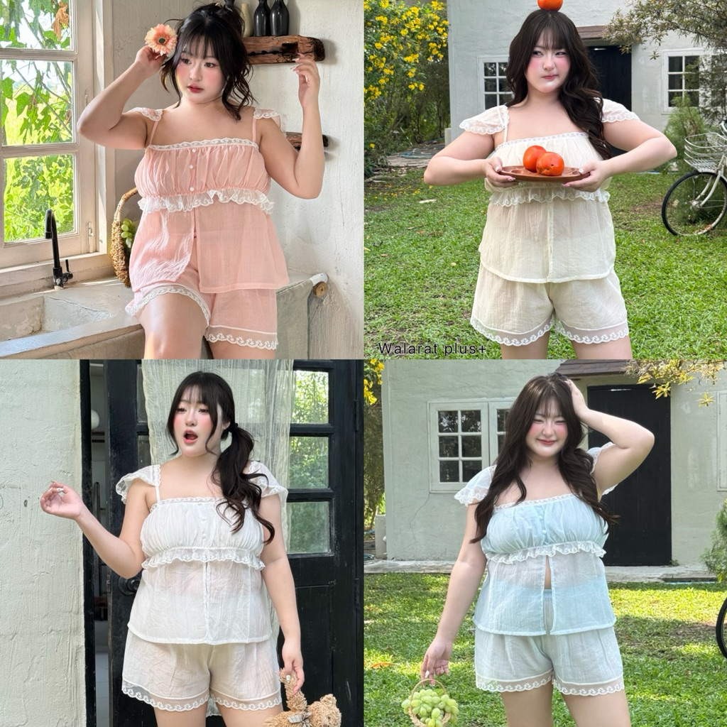 Mali Set - เซ็ต 2 ชิ้น เสื้อสายเดี่ยวแต่งแขน+กางเกงขาสั้น สีหวานน่ารัก สาวอวบ ไซส์ใหญ่